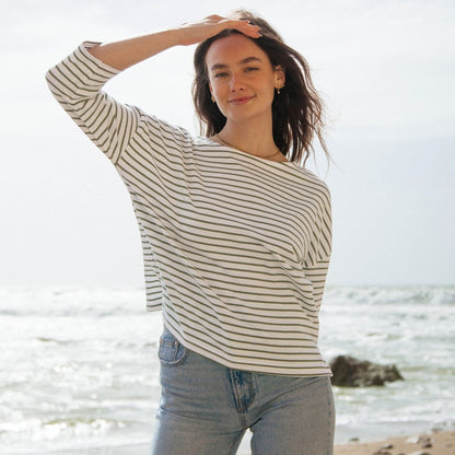 Striped Boat Neck Top - Striped T - Shirts